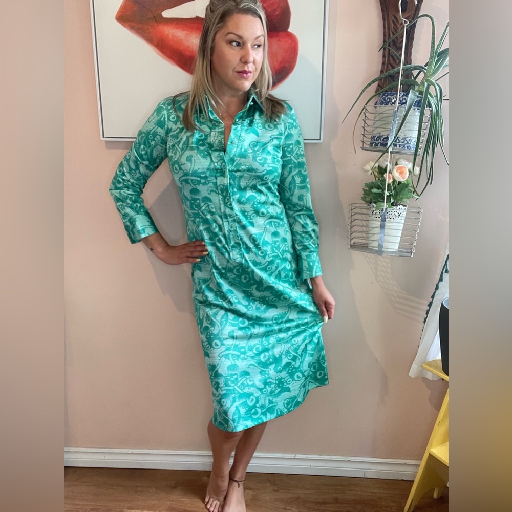 Vintage Bright Turquoise 'Lanvin' Dagger Collar Midi Shirtdress Size Medium Lg